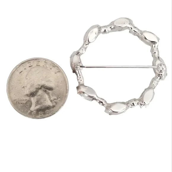 B David Silver Tone AB Rhinestone Faux Pearl Round Open Brooch Pin, Signed M354 - Picture 4 of 6